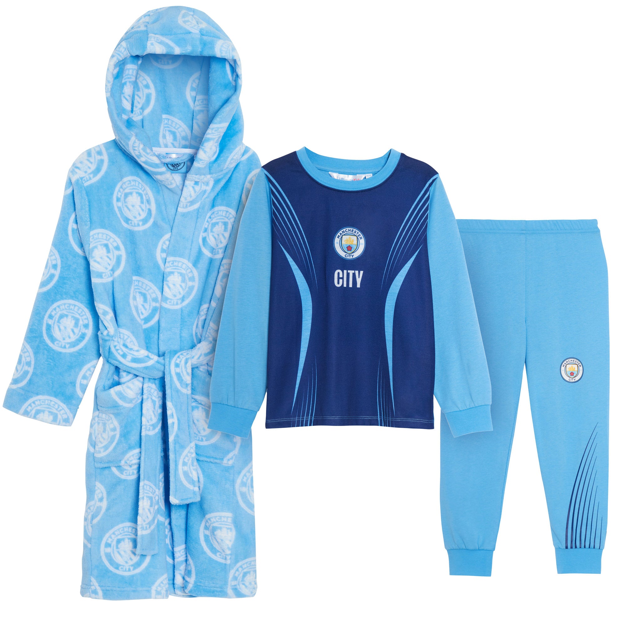 Kids Manchester City Pyjamas + Hooded Dressing Gown 3 Piece Nightwear Football Robe + Pjs Set