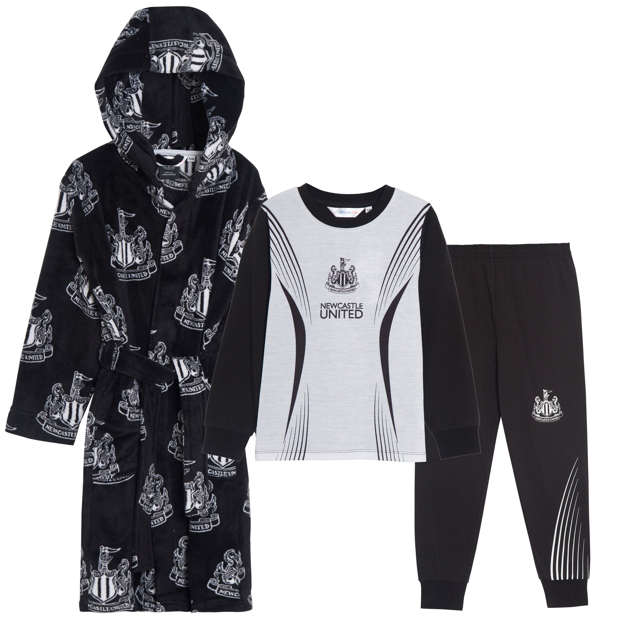 Kids Newcastle United F.C. Pyjamas + Hooded Dressing Gown3 Piece Nightwear Football Robe Pjs Set