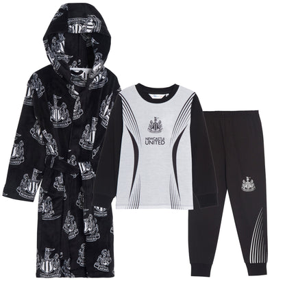 Kids Newcastle United F.C. Pyjamas + Hooded Dressing Gown3 Piece Nightwear Football Robe Pjs Set