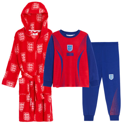 Kids Official England Football Club Pyjamas + Hooded Dressing Gown 3 Piece Nightwear Set