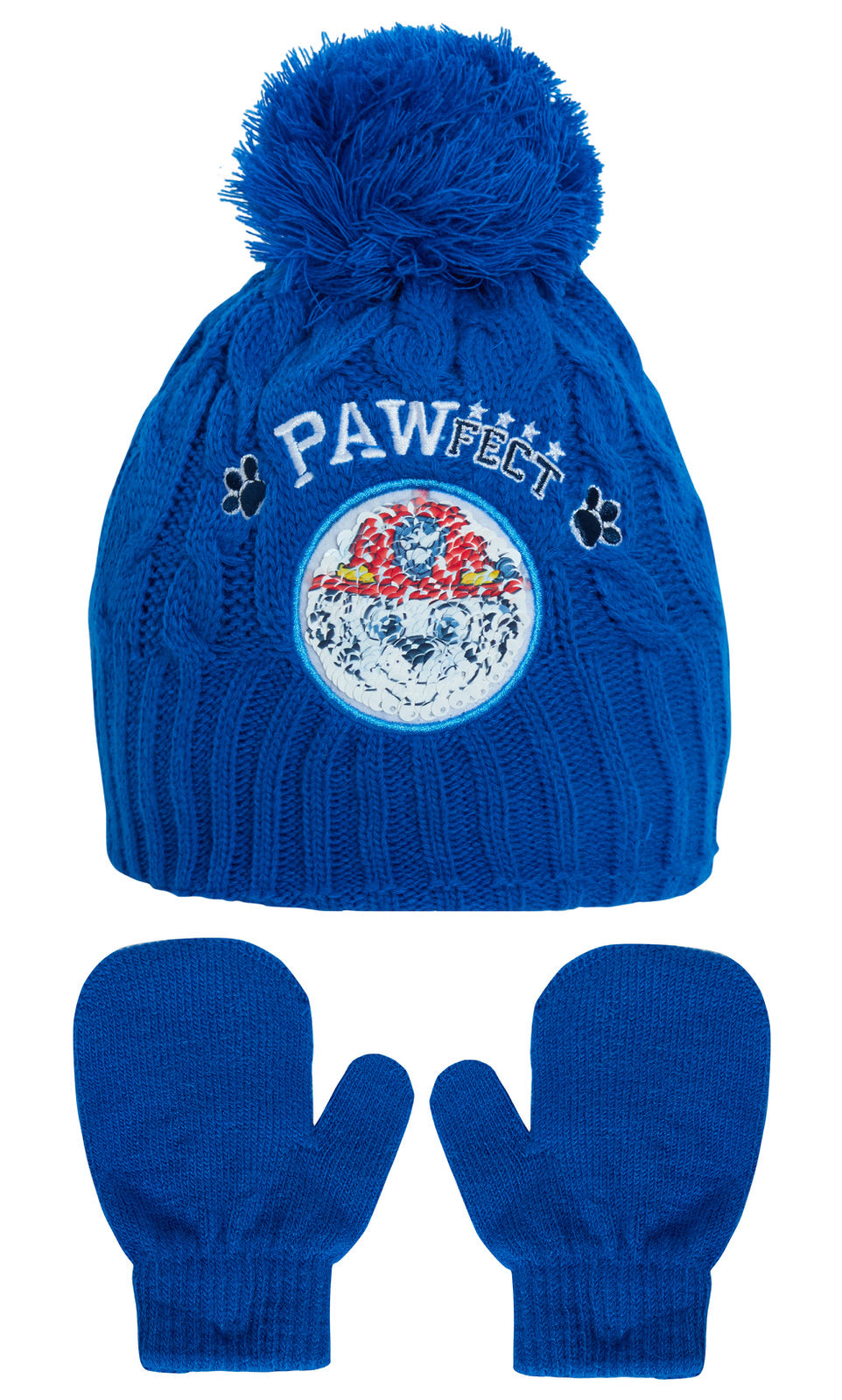 Boys Paw Patrol Reversible Knitted Bobble Hat + Mittens Winter Chase Marshall