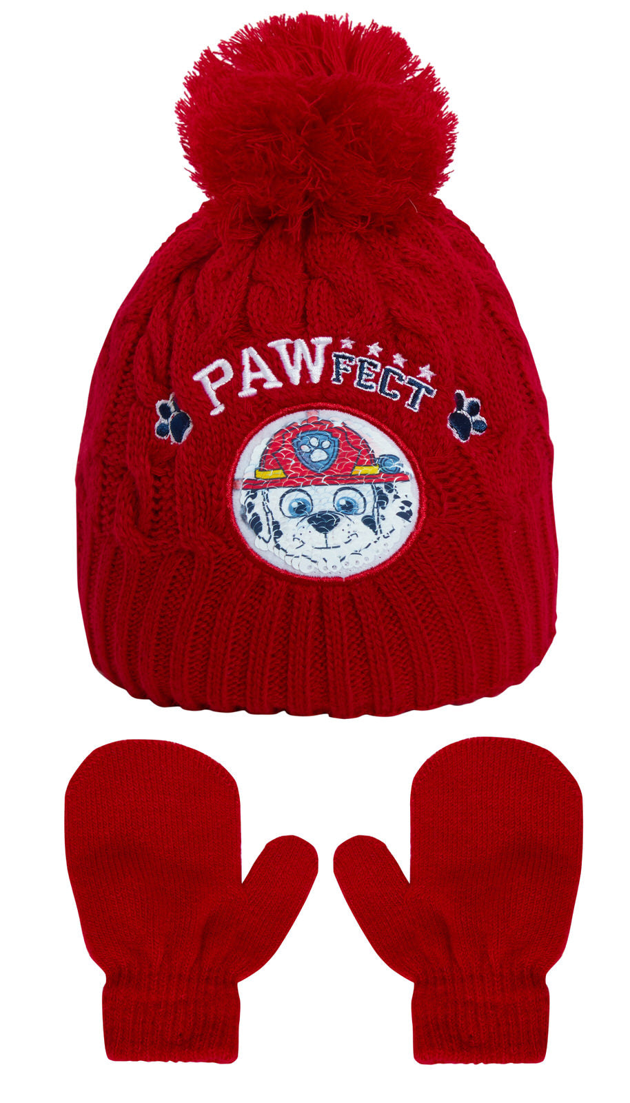 Boys Paw Patrol Reversible Knitted Bobble Hat + Mittens Winter Chase Marshall