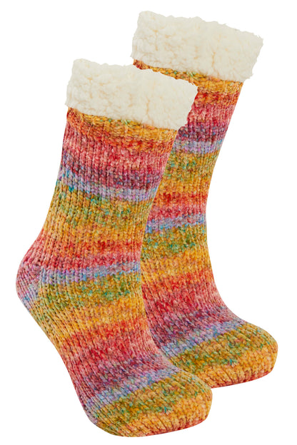 Womens Girls Teens Rainbow Slipper Socks Warm Fleece Lined Xmas Gripper Sock