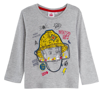 Boys Fireman Sam Long Sleeve T-Shirt 3D Helmet Visor Kids Top Childrens Tee Size