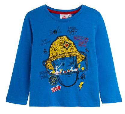 Boys Fireman Sam Long Sleeve T-Shirt 3D Helmet Visor Kids Top Childrens Tee Size