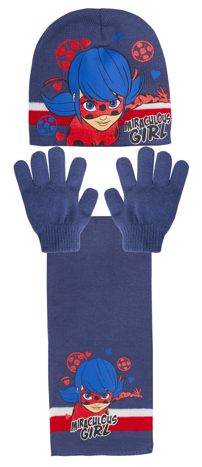 Girls Miraculous Ladybug 3 Piece Winter Set Kids Woolly Hat + Glove + Scarf Set