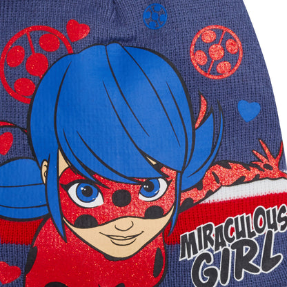 Girls Miraculous Ladybug 3 Piece Winter Set Kids Woolly Hat + Glove + Scarf Set