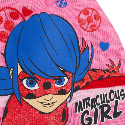 Girls Miraculous Ladybug 3 Piece Winter Set Kids Woolly Hat + Glove + Scarf Set