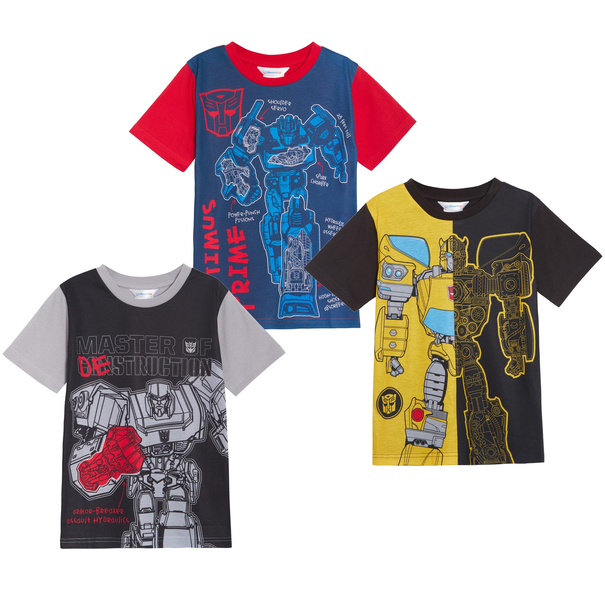 Boys 3 Pack Transformers T-Shirts Bumblebee Optimus Prime Megatron Dress Up Tees Tops