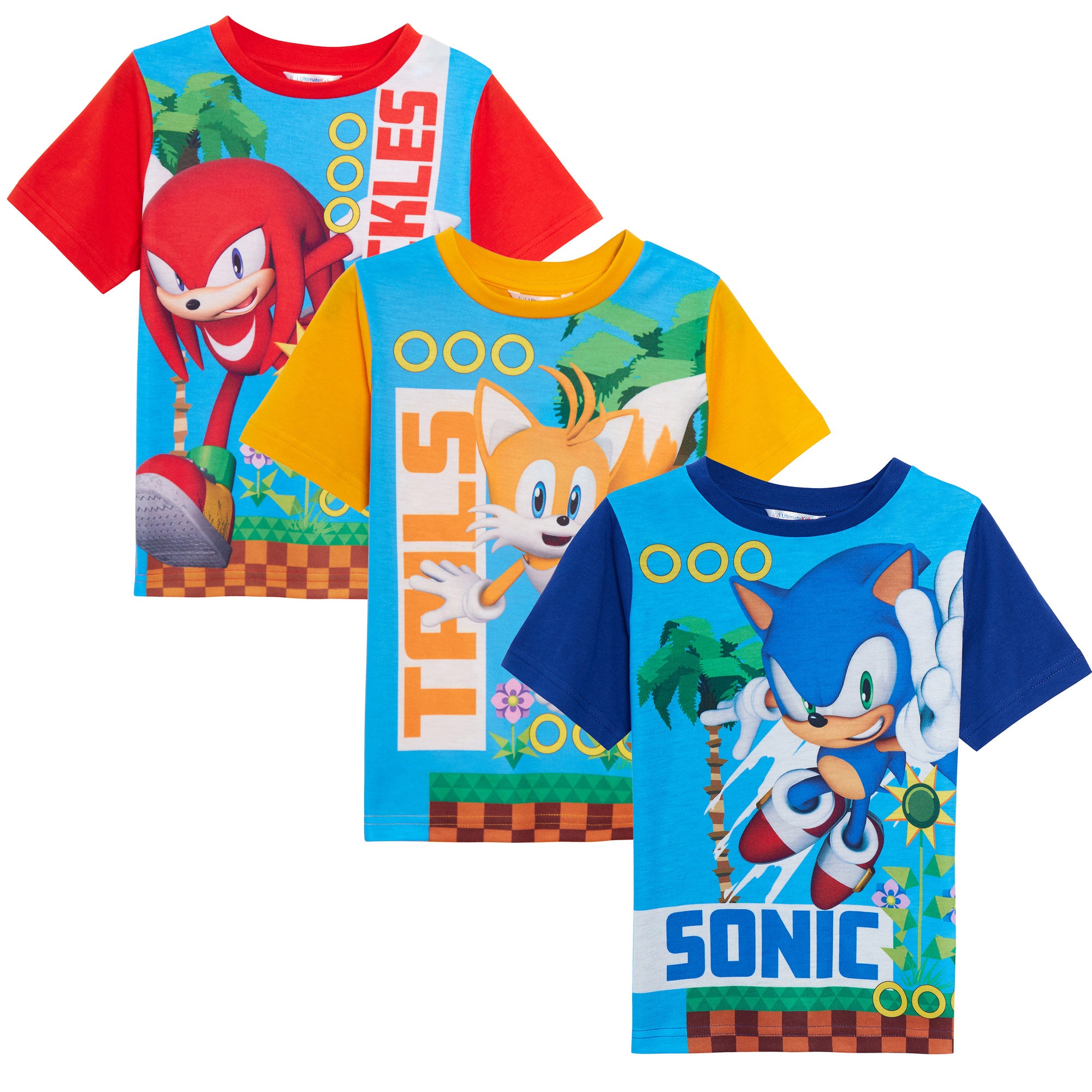 Boys 3 Pack Sonic The Hedgehog T-Shirts Kids Tails Knuckles Dress Up Gamer Tops