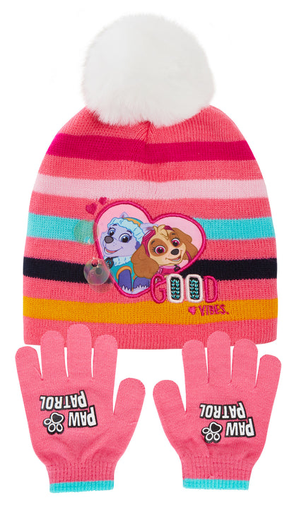 Girls Paw Patrol Bobble Hat + Gloves Winter Set Kids Skye Everest 2 Piece Set