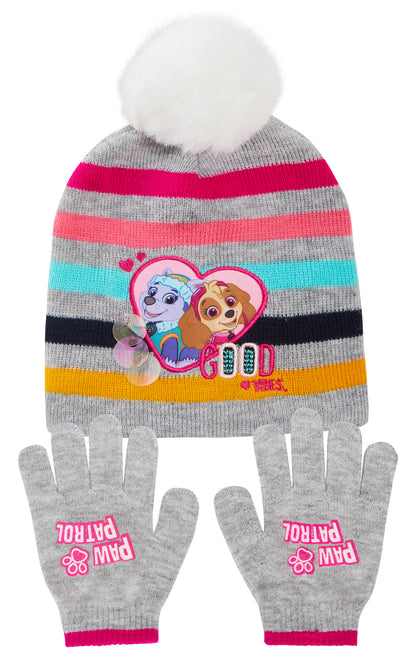 Girls Paw Patrol Bobble Hat + Gloves Winter Set Kids Skye Everest 2 Piece Set