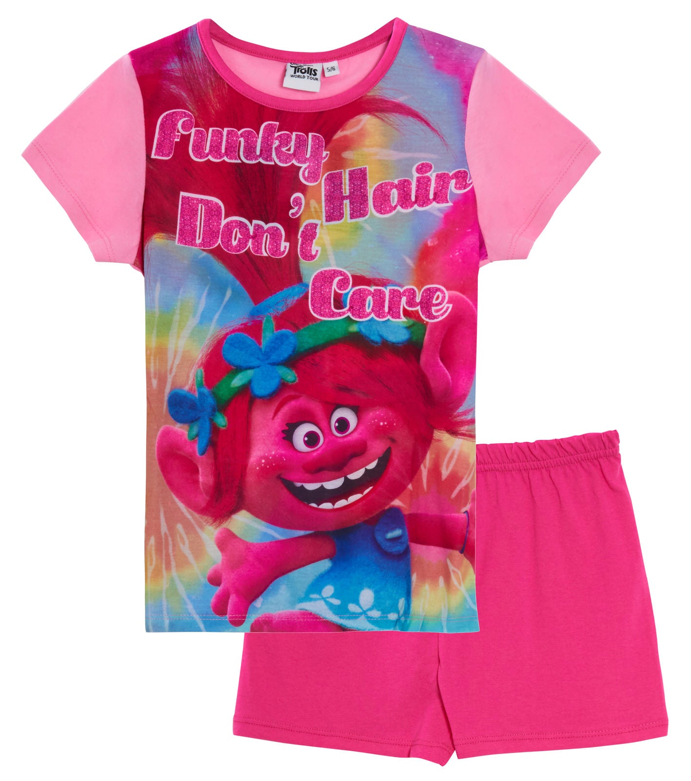 Girls Trolls Short Pyjamas Kids Poppy Glitter Shortie Pjs Set T-Shirt Nightwear