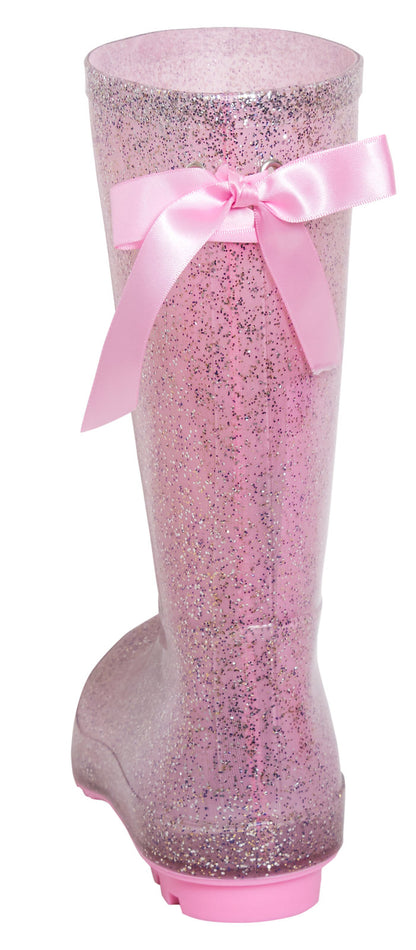 Pink Glitter Girls Wellington Boots with Bow Womens Wellies Rain Snow Shoes