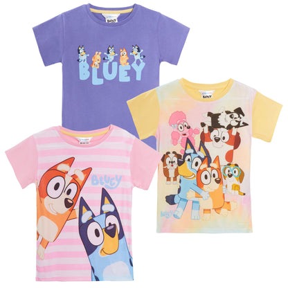 Girls 3 Pack Bluey T-Shirts Kids Multipack Tees Girls Short Sleeved Tops Gift