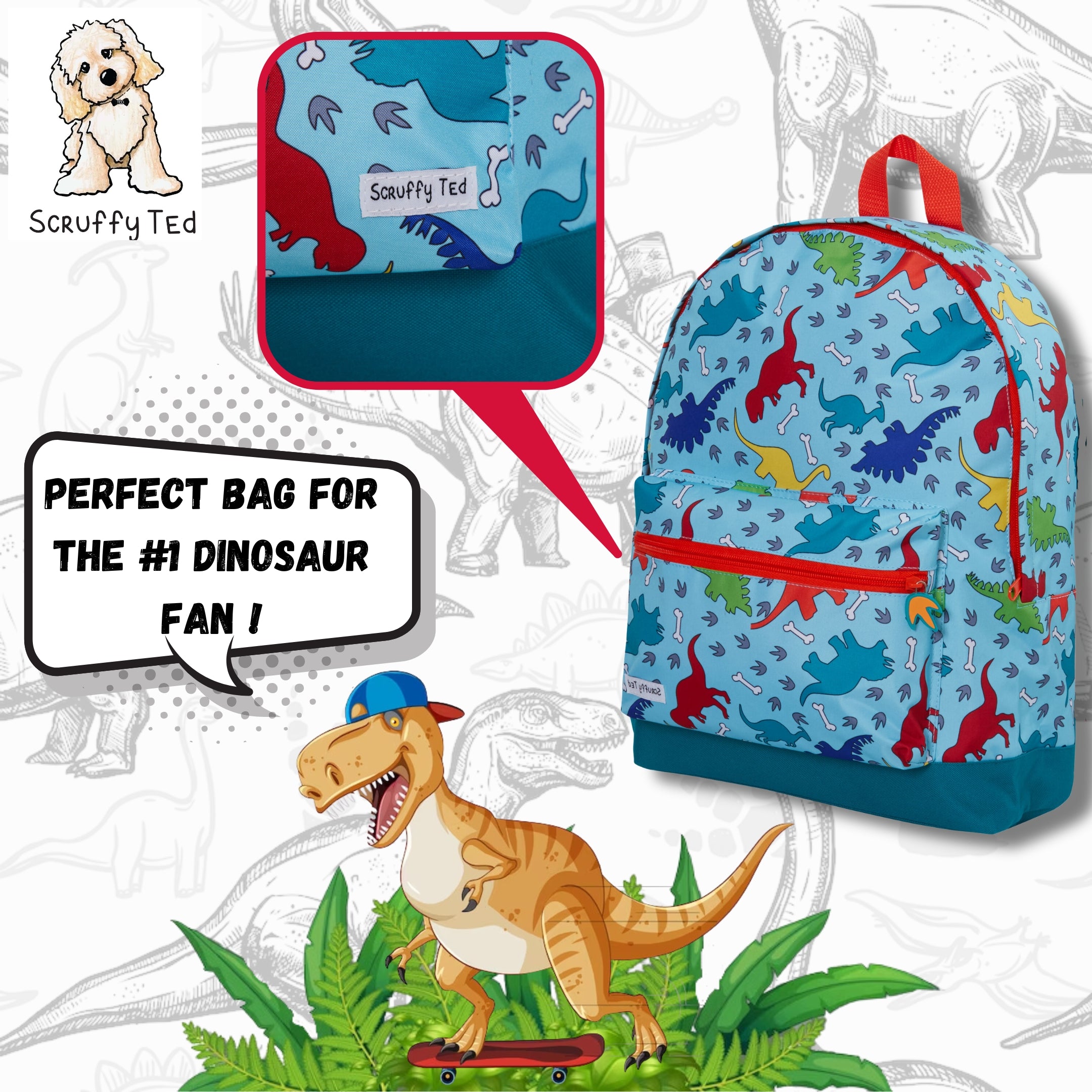 ScruffyTed Dinosaur Boys Backpack Girls Kids Dino Large School Bag Travel Bag