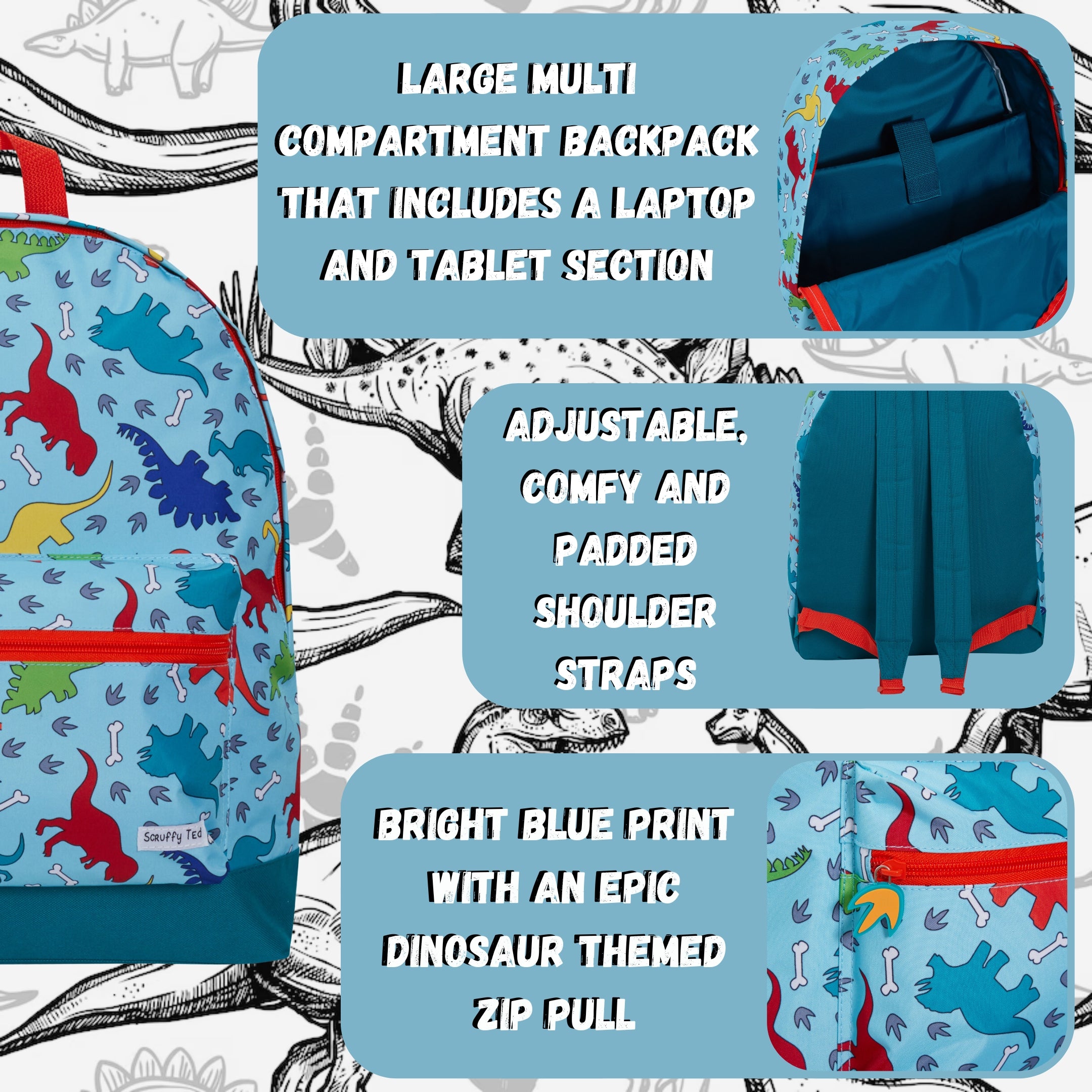 ScruffyTed Dinosaur Boys Backpack Girls Kids Dino Large School Bag Travel Bag