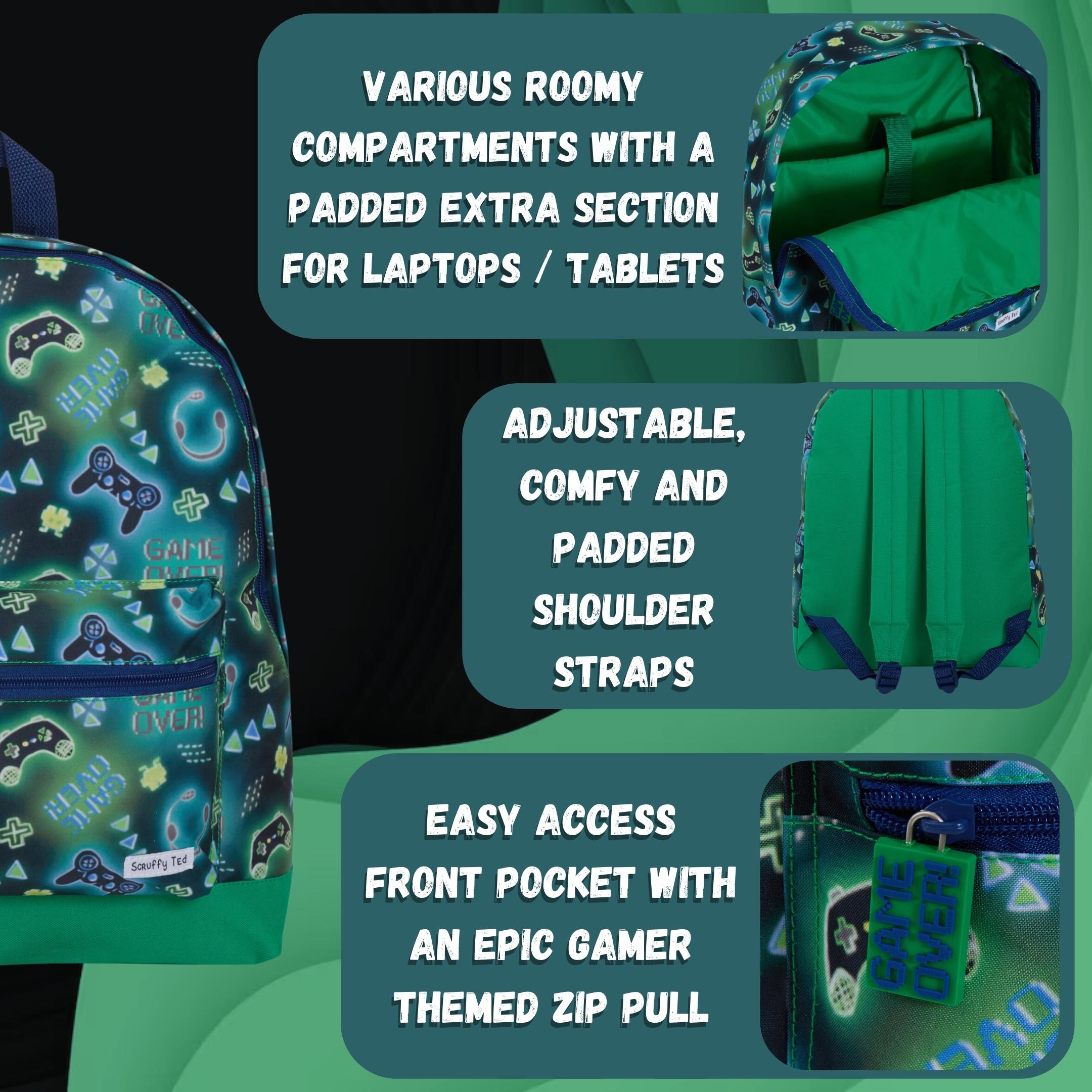 ScruffyTed Boys Gamer Backpack Kids Game Over Large Travel Bag Multi School Bag