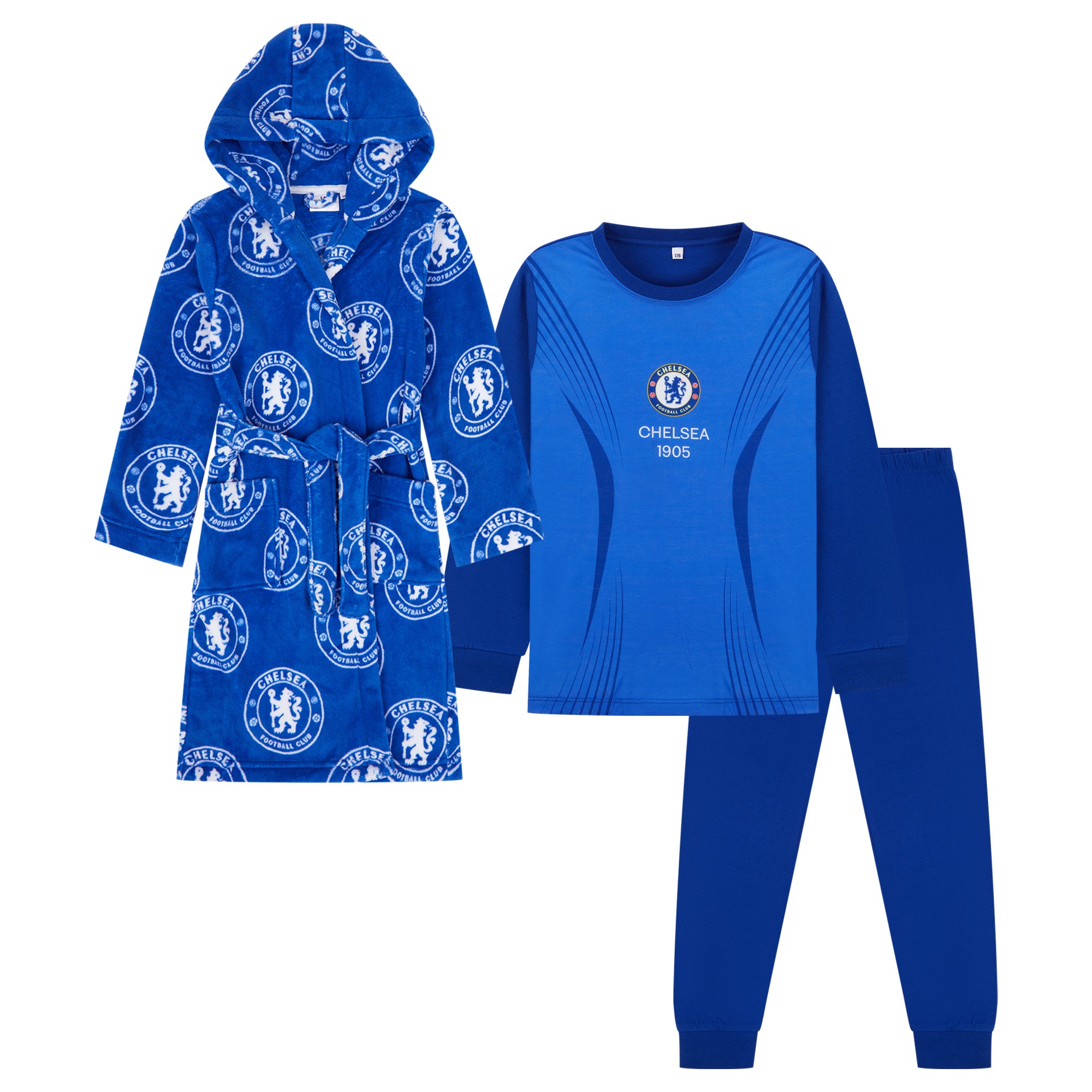 Official Chelsea FC 3 Piece Nightwear Premier League Football Dressing Gown Robe Kids Pyjama Set