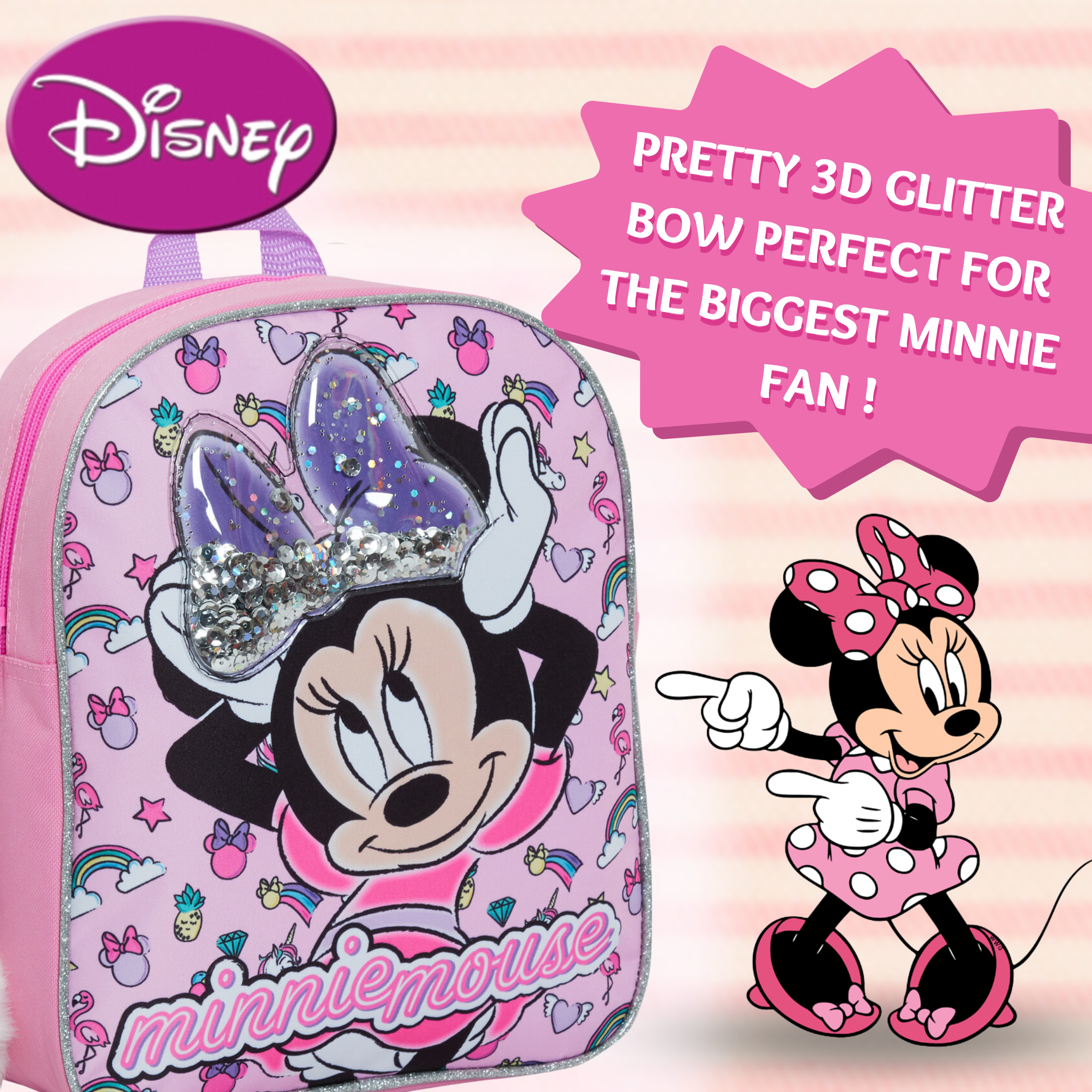 Disney Minnie Mouse Glitter Backpack Kids School Nursery Lunch Book Bag Rucksack