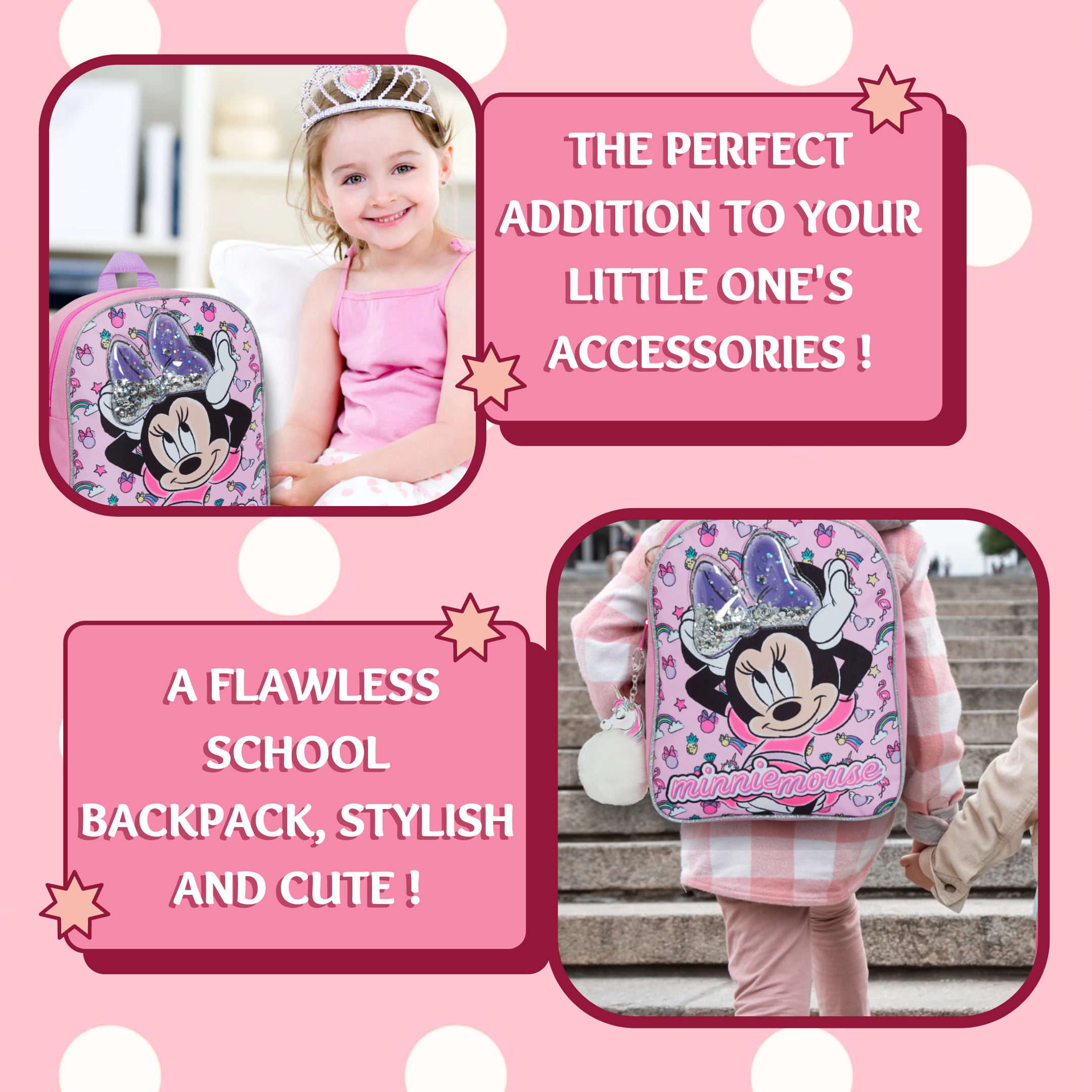 Disney Minnie Mouse Glitter Backpack Kids School Nursery Lunch Book Bag Rucksack