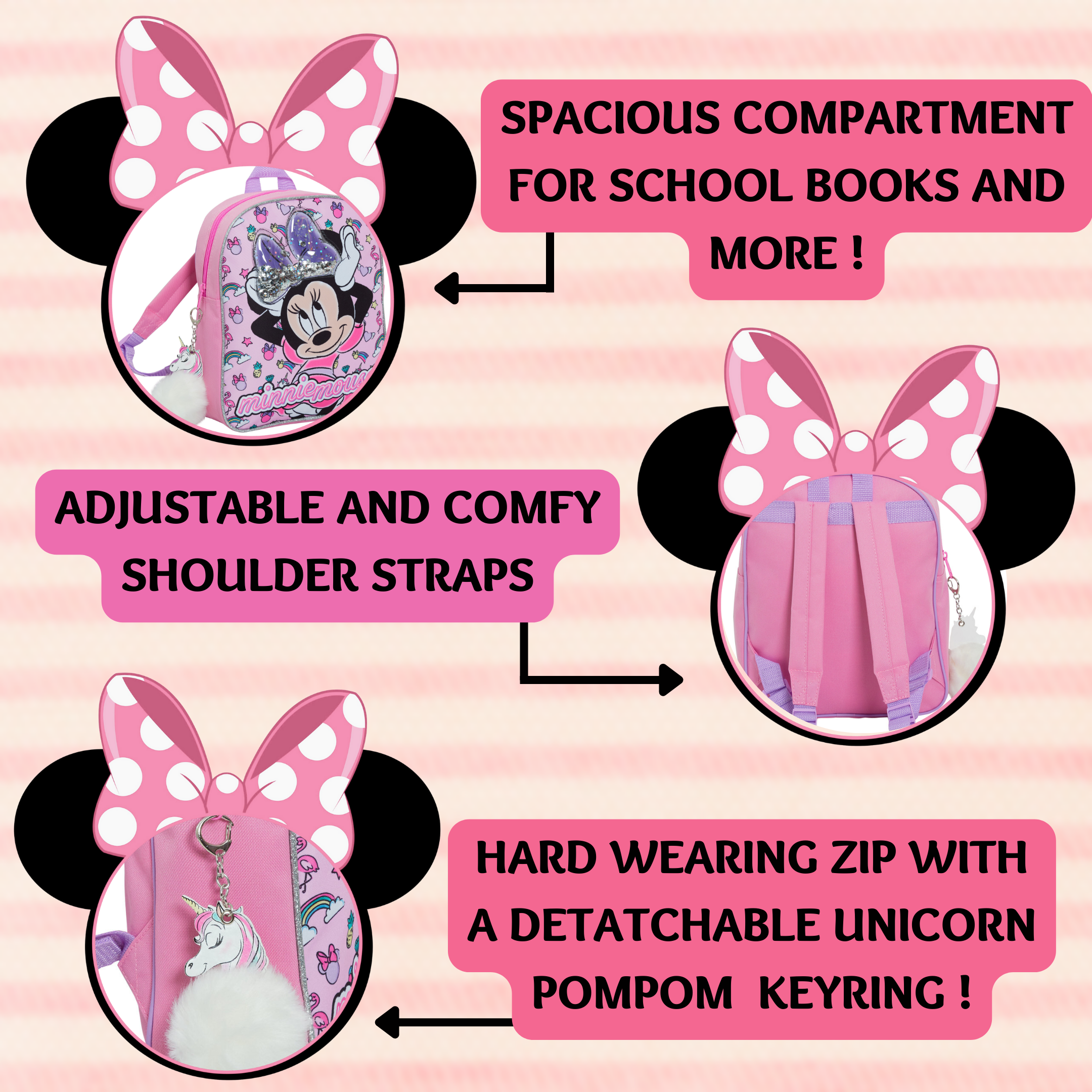 Disney Minnie Mouse Glitter Backpack Kids School Nursery Lunch Book Bag Rucksack