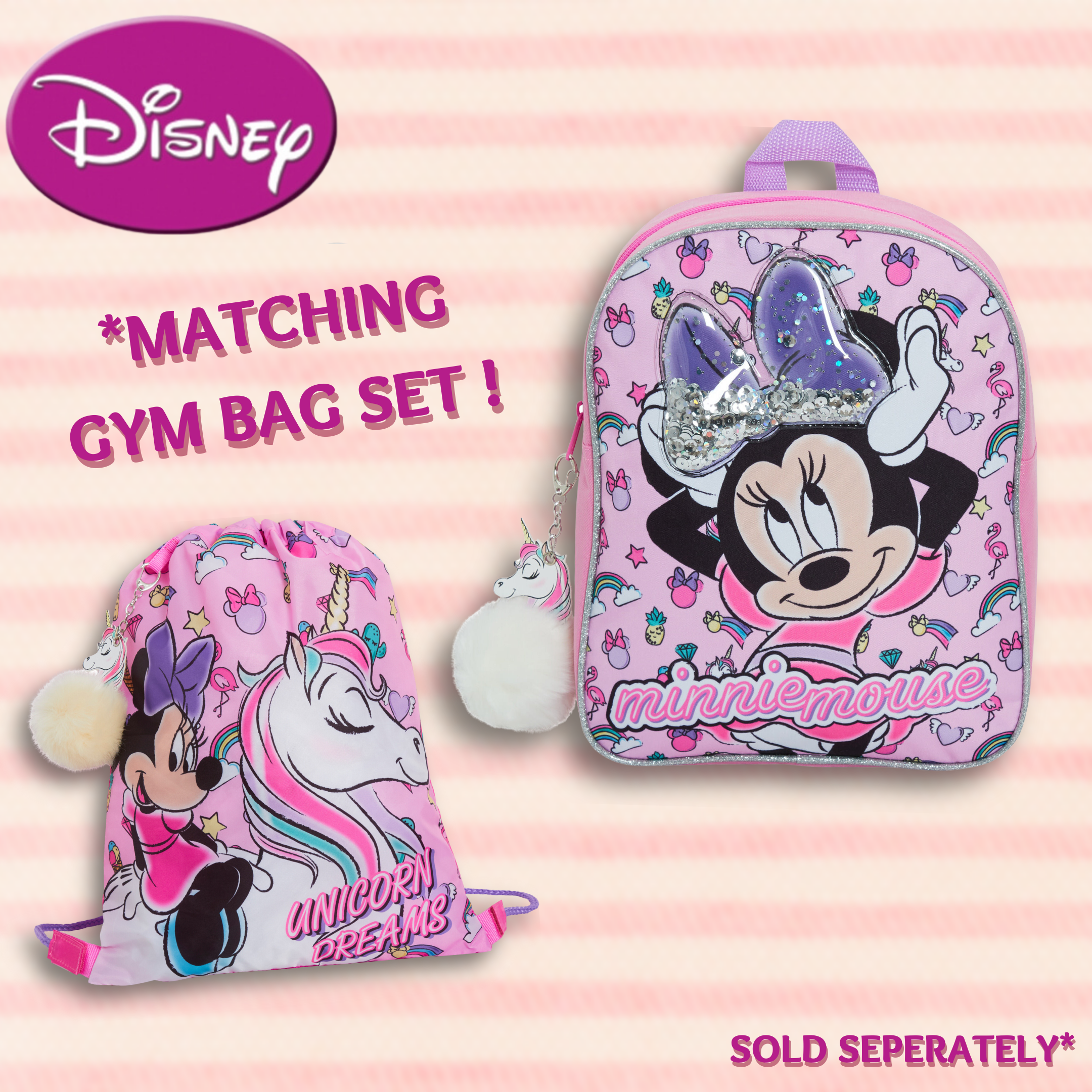 Disney Minnie Mouse Glitter Backpack Kids School Nursery Lunch Book Bag Rucksack