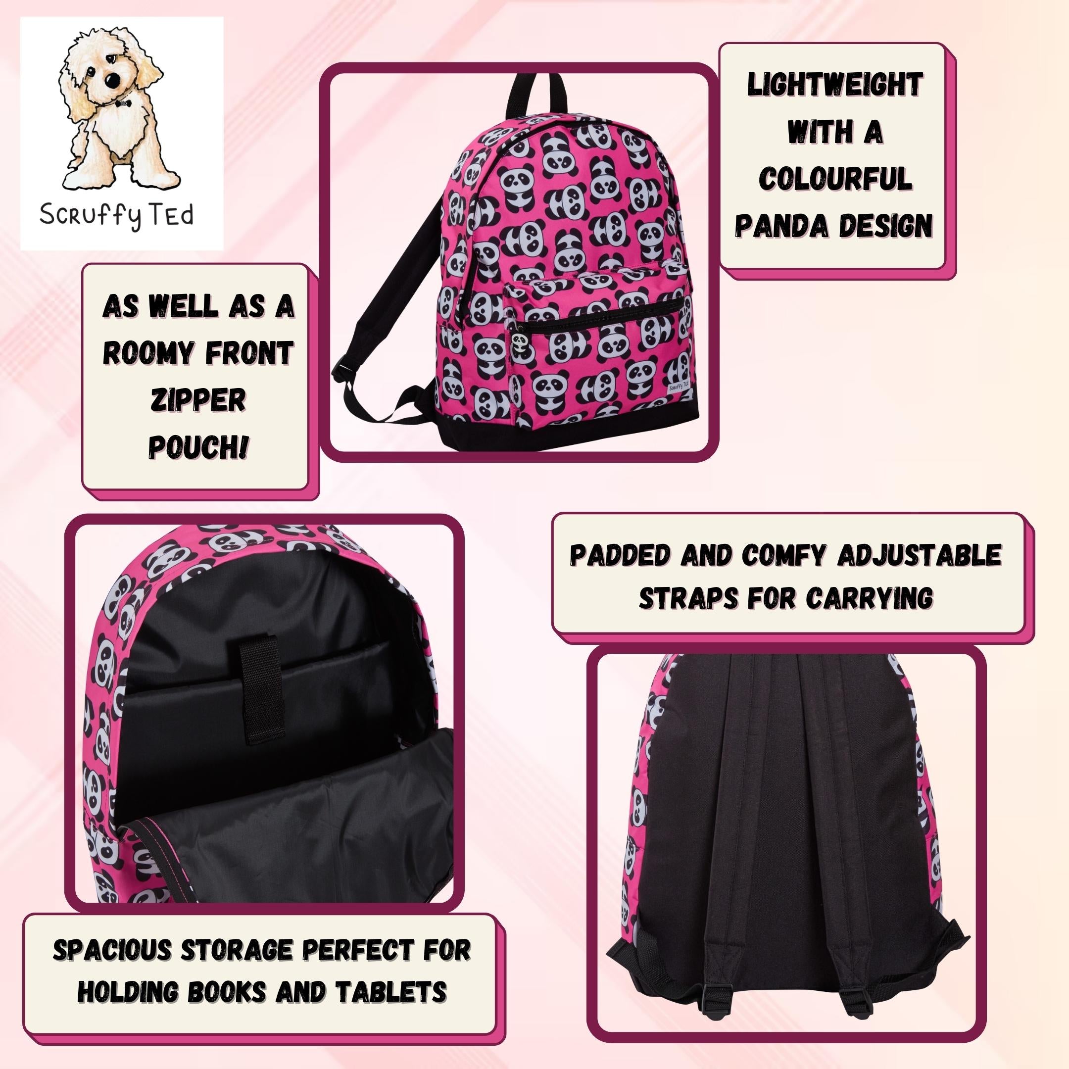 ScruffyTed Panda Girls Backpack Kids Large Capacity Travel Bag Multi School Bag