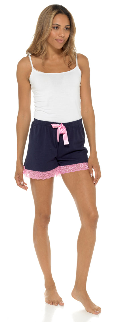 Womens 2 Pack  Lounge Shorts Lace Trim Ladies Girls Short Pyjama Bottoms Pants