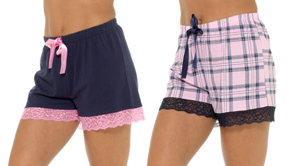 Womens 2 Pack  Lounge Shorts Lace Trim Ladies Girls Short Pyjama Bottoms Pants