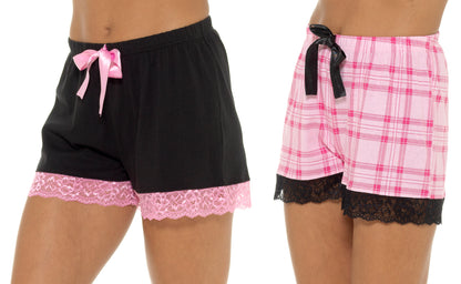 Womens 2 Pack  Lounge Shorts Lace Trim Ladies Girls Short Pyjama Bottoms Pants