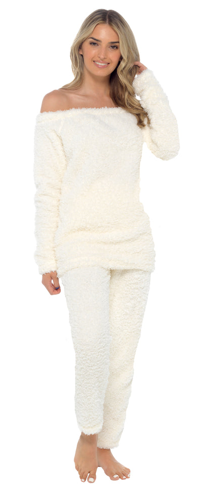 Womens Luxury Teddy Bear Fleece Lounge Set Ladies Off Shoulder Top Lounge Pants