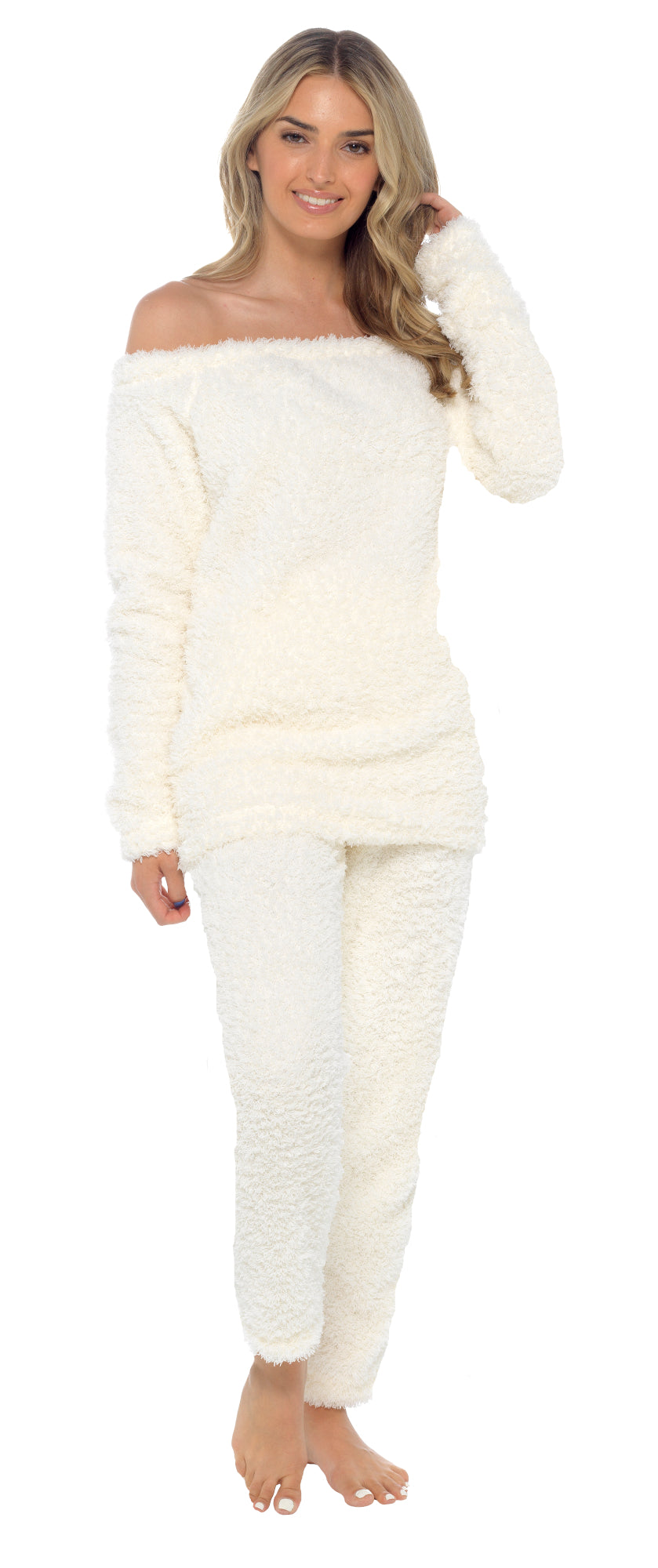 Womens Luxury Teddy Bear Fleece Lounge Set Ladies Off Shoulder Top Lounge Pants