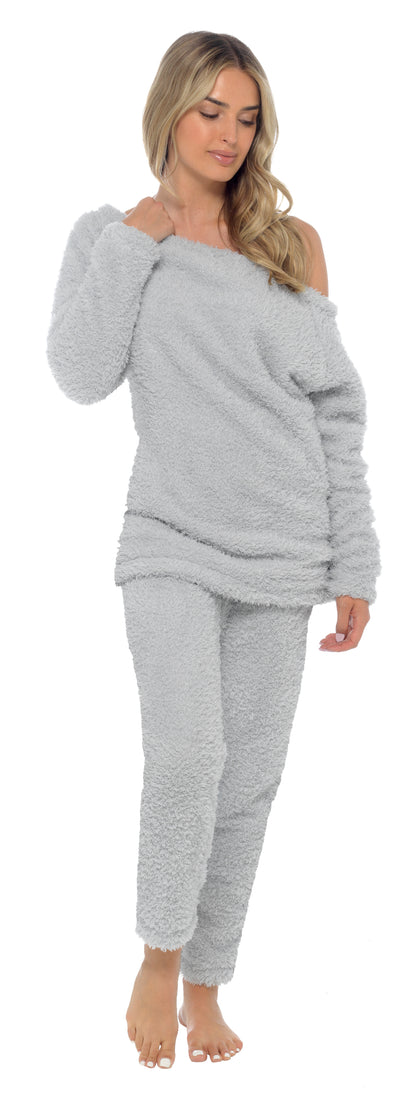 Womens Luxury Teddy Bear Fleece Lounge Set Ladies Off Shoulder Top Lounge Pants
