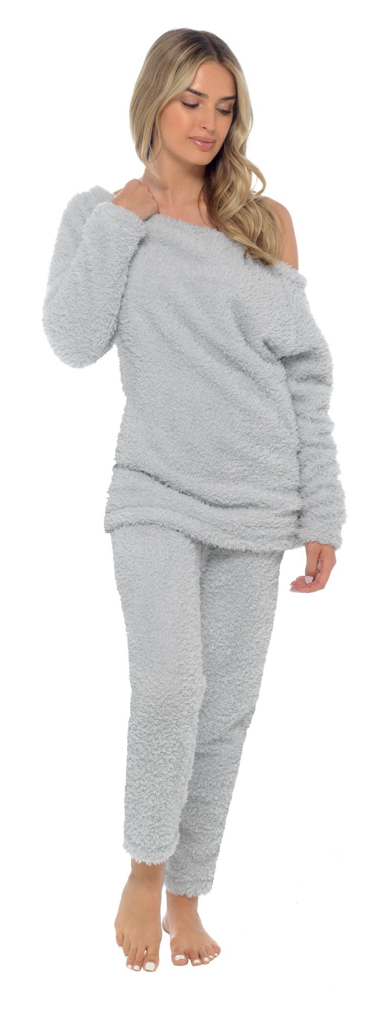 Womens Luxury Teddy Bear Fleece Lounge Set Ladies Off Shoulder Top Lounge Pants