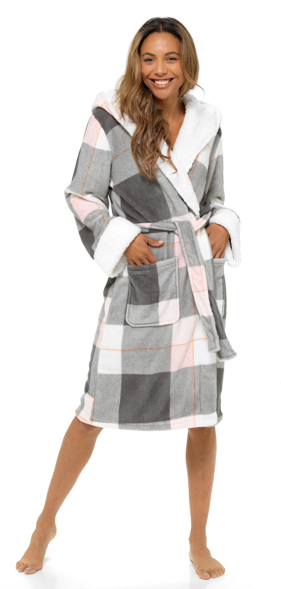 Ladies Dressing Gown Womens Luxury Tartan Check Robe Hooded Sherpa Housecoat