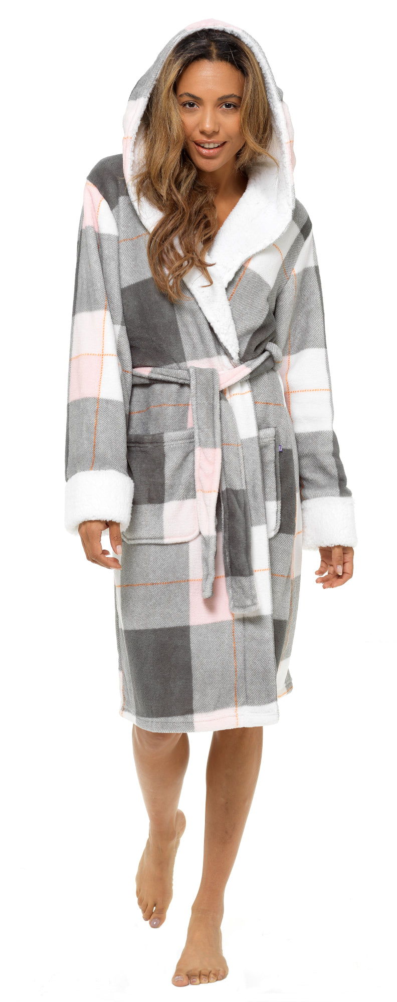 Ladies Dressing Gown Womens Luxury Tartan Check Robe Hooded Sherpa Housecoat