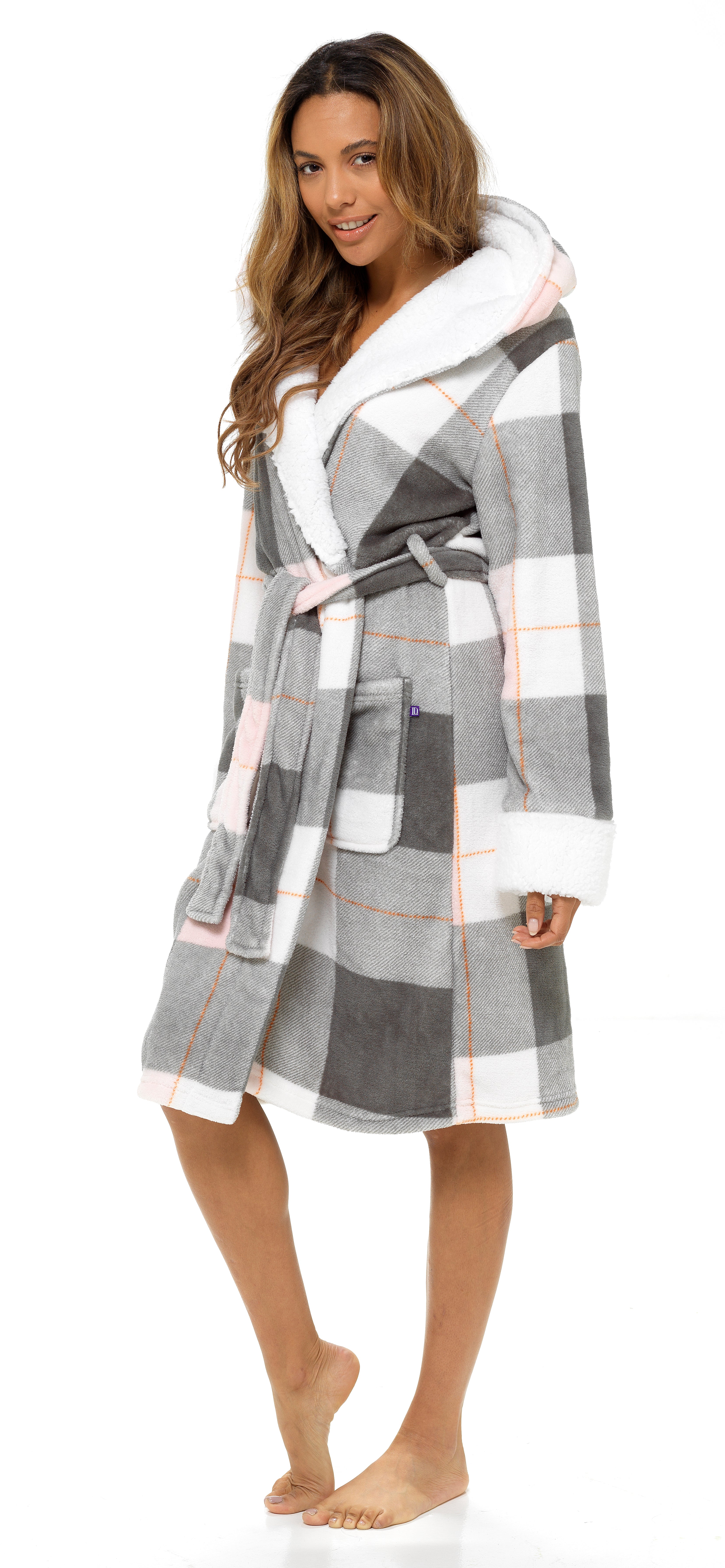 Ladies Dressing Gown Womens Luxury Tartan Check Robe Hooded Sherpa Housecoat