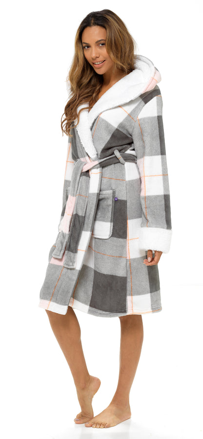 Ladies Dressing Gown Womens Luxury Tartan Check Robe Hooded Sherpa Housecoat