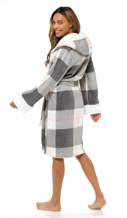 Ladies Dressing Gown Womens Luxury Tartan Check Robe Hooded Sherpa Housecoat