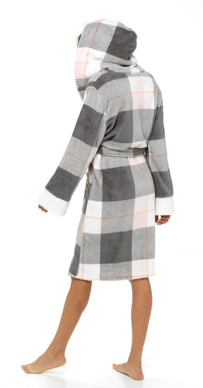 Ladies Dressing Gown Womens Luxury Tartan Check Robe Hooded Sherpa Housecoat