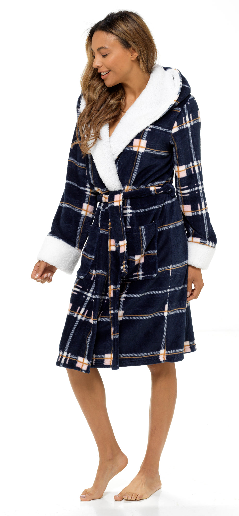 Ladies Dressing Gown Womens Luxury Tartan Check Robe Hooded Sherpa Housecoat