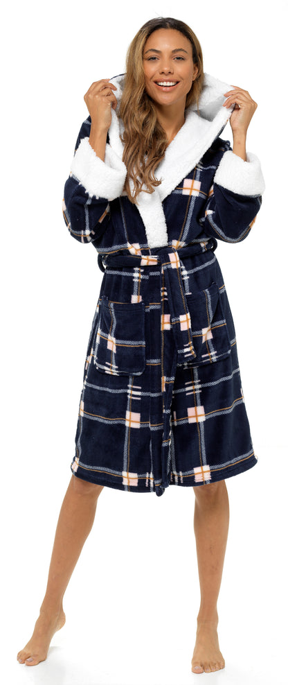 Ladies Dressing Gown Womens Luxury Tartan Check Robe Hooded Sherpa Housecoat