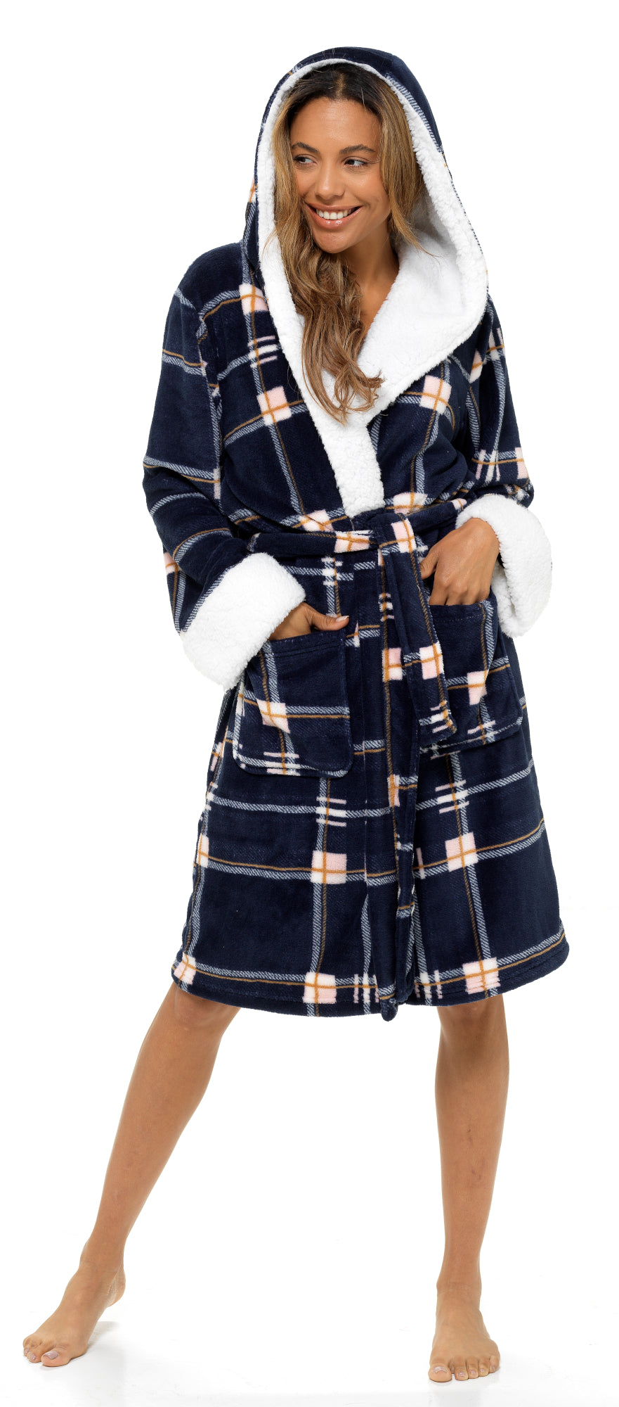 Ladies Dressing Gown Womens Luxury Tartan Check Robe Hooded Sherpa Housecoat