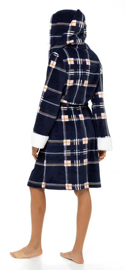 Ladies Dressing Gown Womens Luxury Tartan Check Robe Hooded Sherpa Housecoat