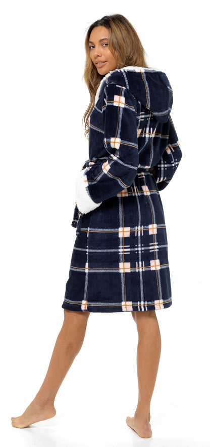 Ladies Dressing Gown Womens Luxury Tartan Check Robe Hooded Sherpa Housecoat