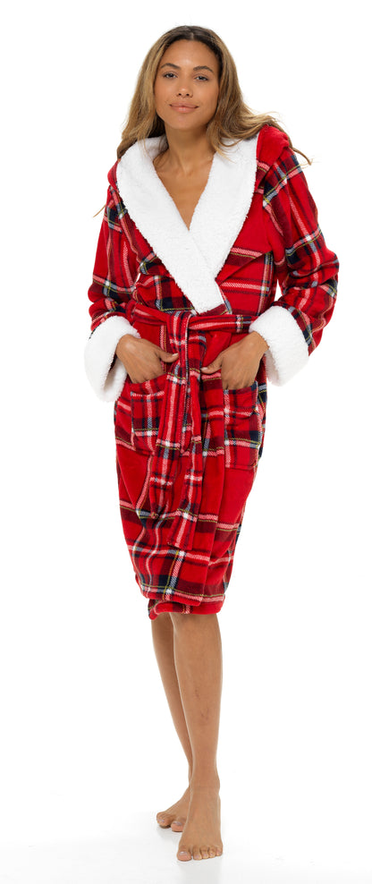 Ladies Dressing Gown Womens Luxury Tartan Check Robe Hooded Sherpa Housecoat