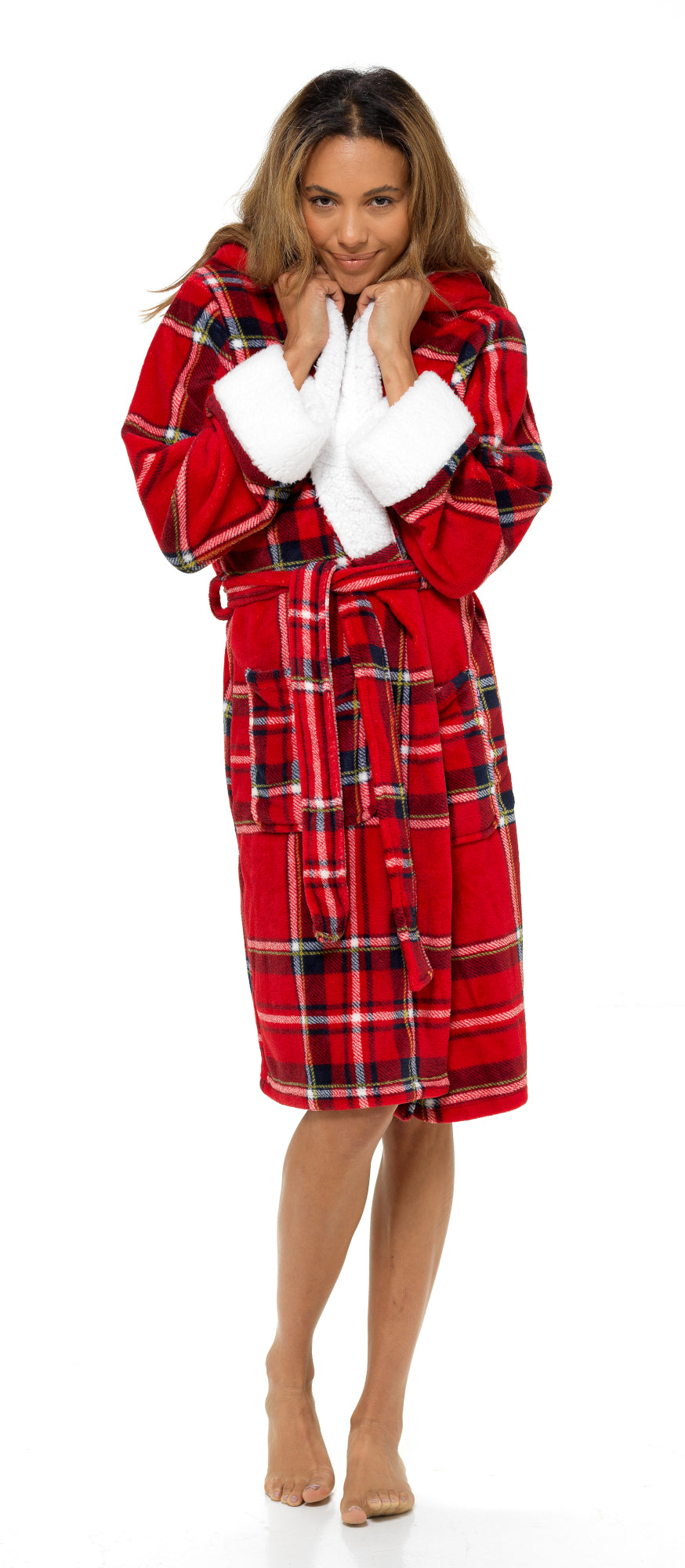 Ladies Dressing Gown Womens Luxury Tartan Check Robe Hooded Sherpa Housecoat