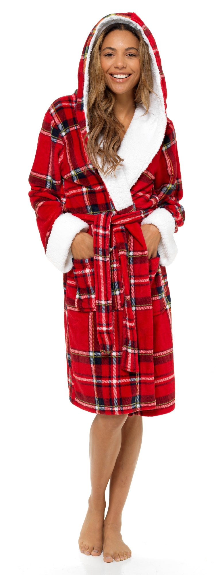 Ladies Dressing Gown Womens Luxury Tartan Check Robe Hooded Sherpa Housecoat