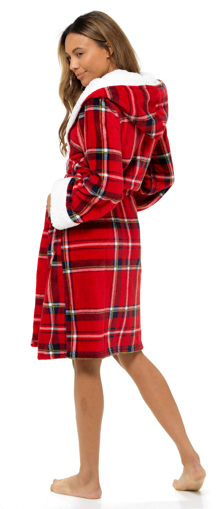 Ladies Dressing Gown Womens Luxury Tartan Check Robe Hooded Sherpa Housecoat
